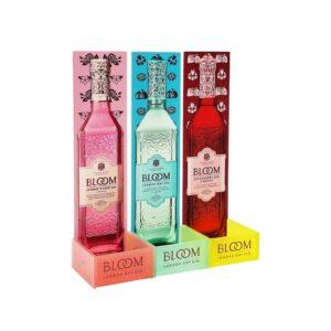 A bespoke countertop product glorifier featuring magnetic removable back panels for Bloom dry gin.