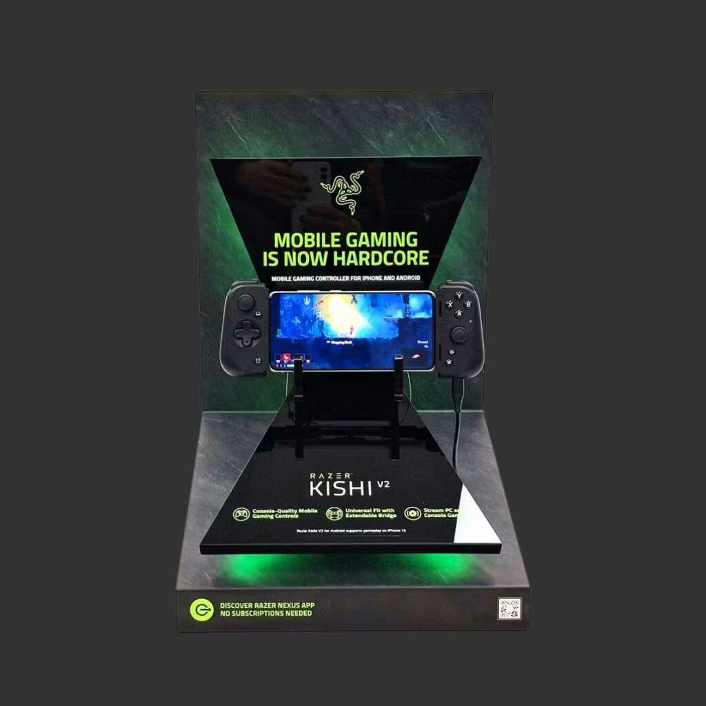 A custom countertop Kishi gaming console display unit.