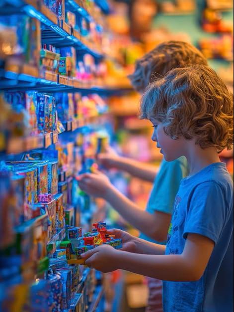 Two children looking at toys in a toy shop.
