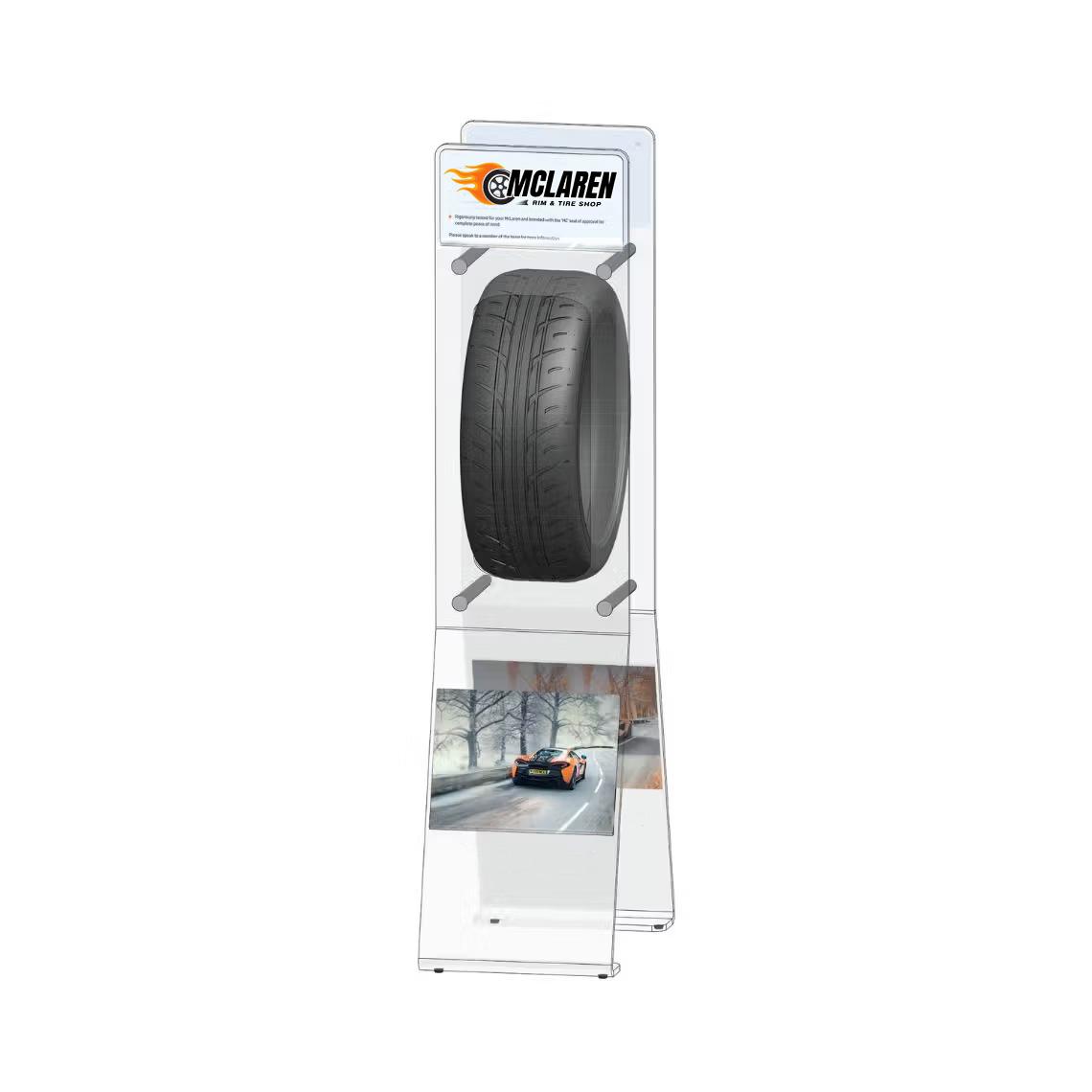 Clear acrylic trye display stand with interchangeable graphics traps.