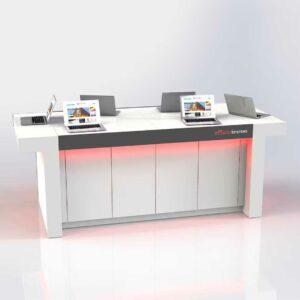 An illuminated product glorifier table with digital screens.