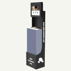 A custom brochure dispenser with a digital screen.