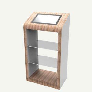 A wood finish digital screen pedestal with shelves.