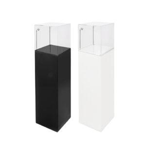 One white display plinth with clear Illuminated display case and one black display plinth with clear top LED display case.
