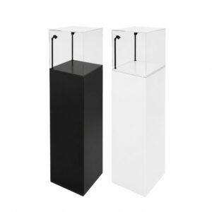 One white display plinth with clear Illuminated display case and one black display plinth with clear top LED display case.