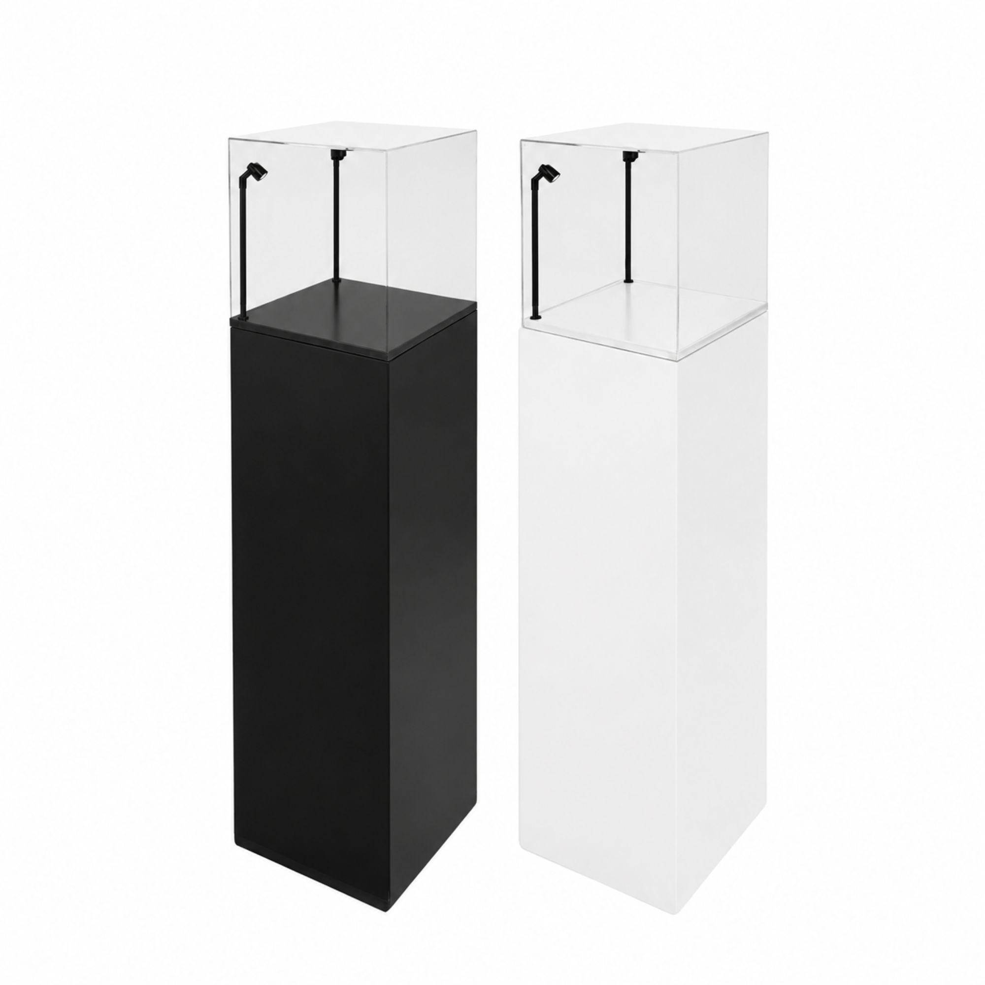 One white display plinth with clear Illuminated display case and one black display plinth with clear top LED display case.