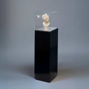A black plinth with protective cover and head sculpture display.