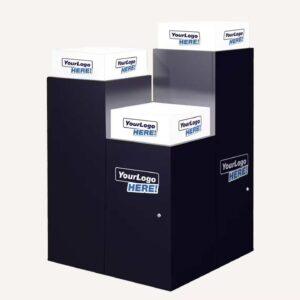 A set of three black and white illuminated topped plinths.