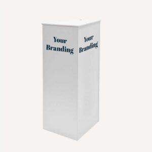 A flat pack plinth with custom branding.