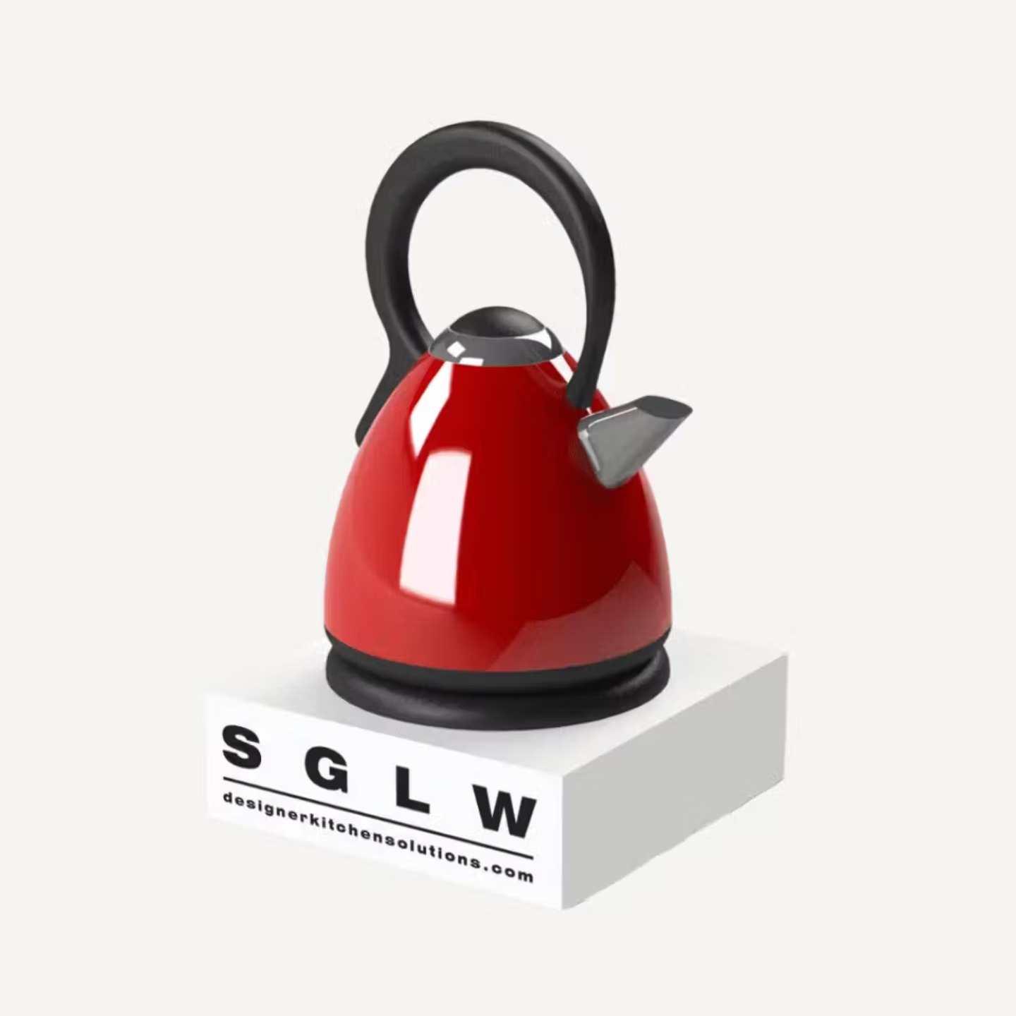 A branded, countertop plinth with a kettle sat on top.