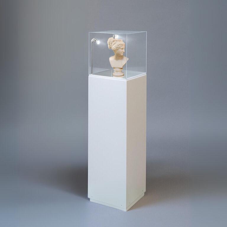 One white display plinth with mirrored top and clear display case with LED Lights in a darker background with a head sculpture displayed inside.