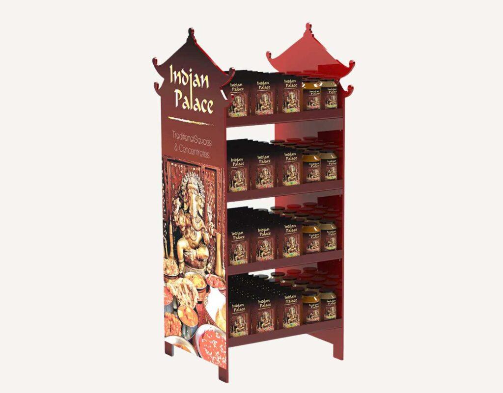A branded food retail display shelving unit.