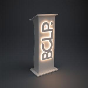 Matt white Lectern With warm white illuminated logo.