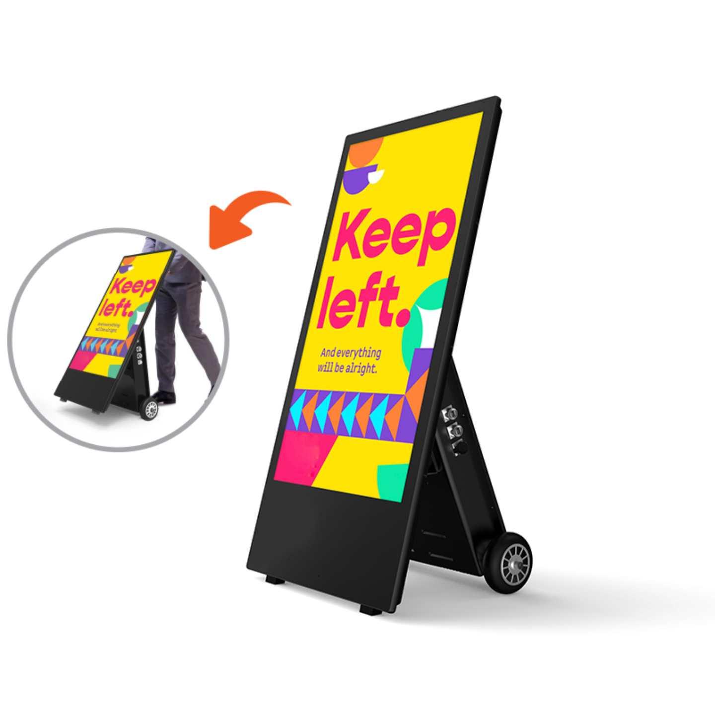 A black outdoor high brightness digital A-board with wheels.