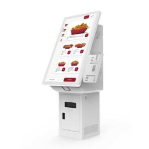 A 22 inch digital touch screen self service kiosk in white.