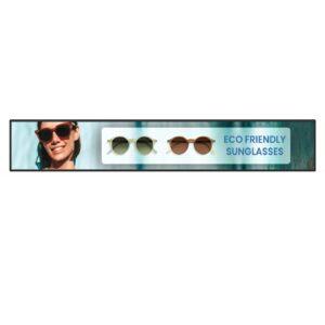 An Ultra-Wide Stretched Bar Display Monitor with a sunglasses advert on the screen.