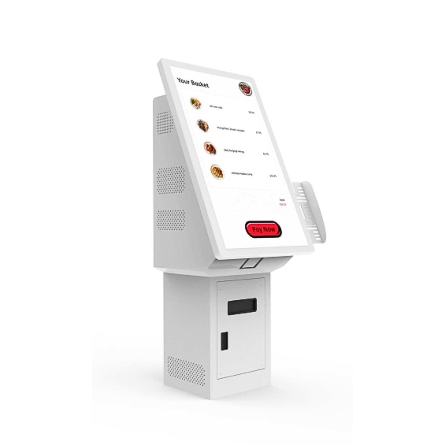 A 22 inch digital touch screen self service kiosk in white.