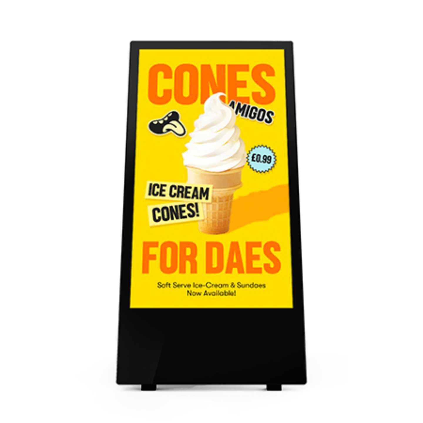 A front view of a A black outdoor high brightness digital A-board with wheels.