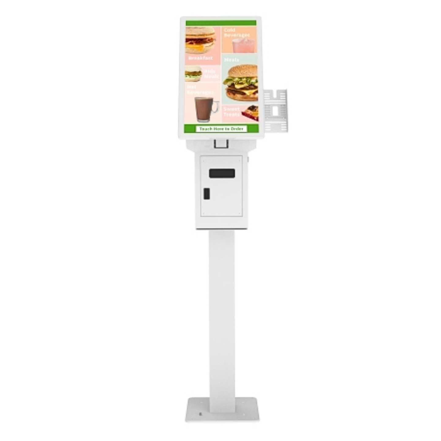 A 22 inch digital touch screen self service kiosk in white with a floor stand.