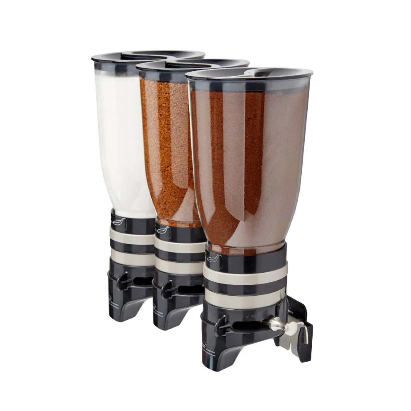 A 3 cylinder sugar and coffee dispenser unit.
