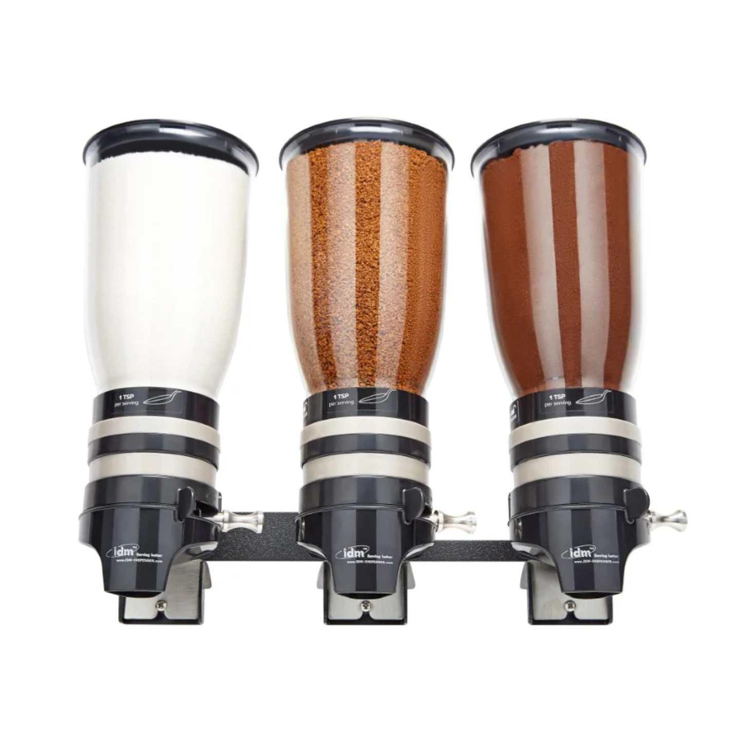 A 3 cylinder sugar and coffee dispenser unit facing the front.