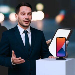 A man delivering a speech while displaying a mobile phone on a white pedestal.
