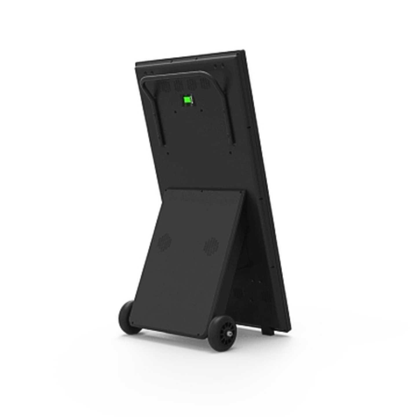 A back view of a black outdoor high brightness digital A-board with wheels.