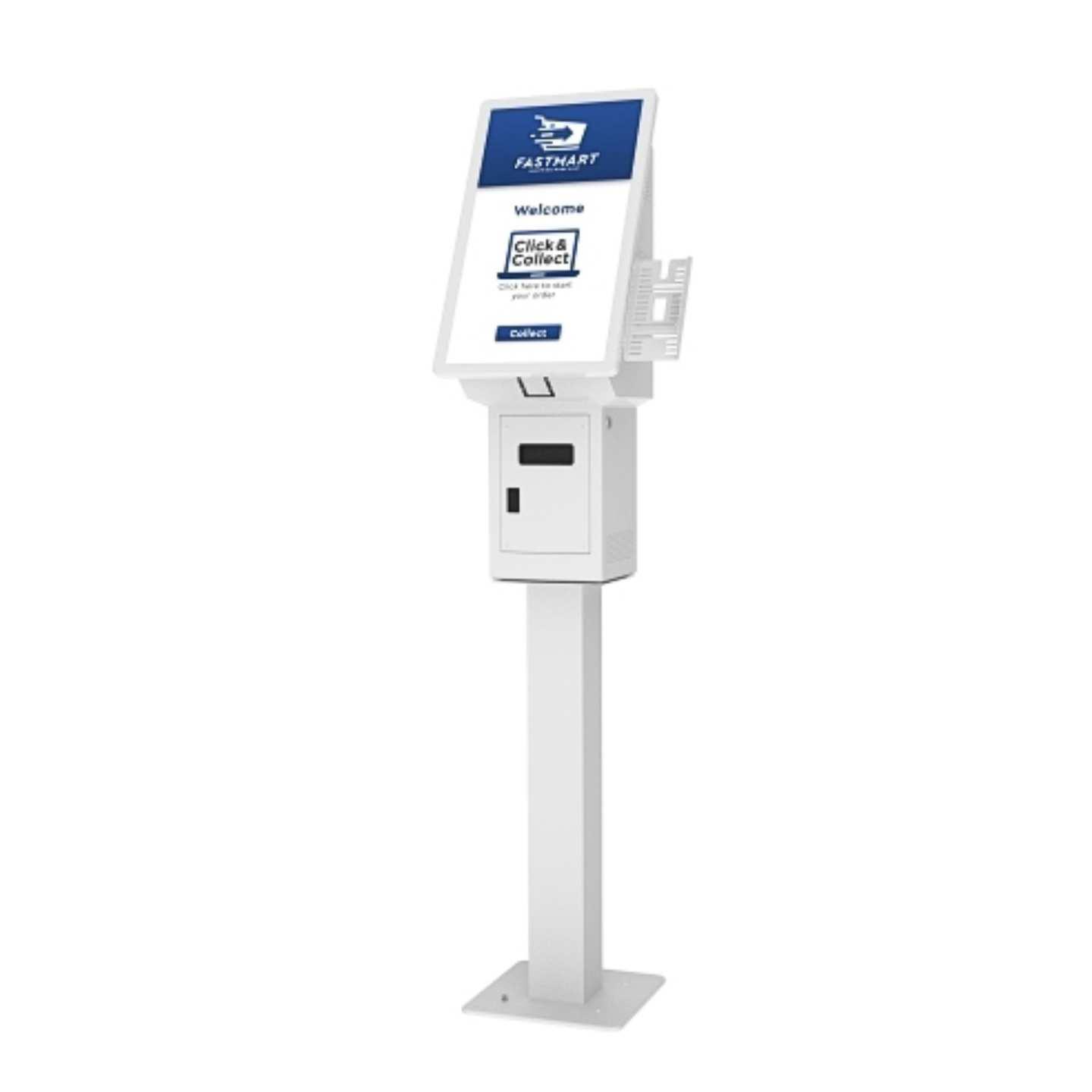 A 22 inch digital touch screen self service kiosk in white with a floor stand.