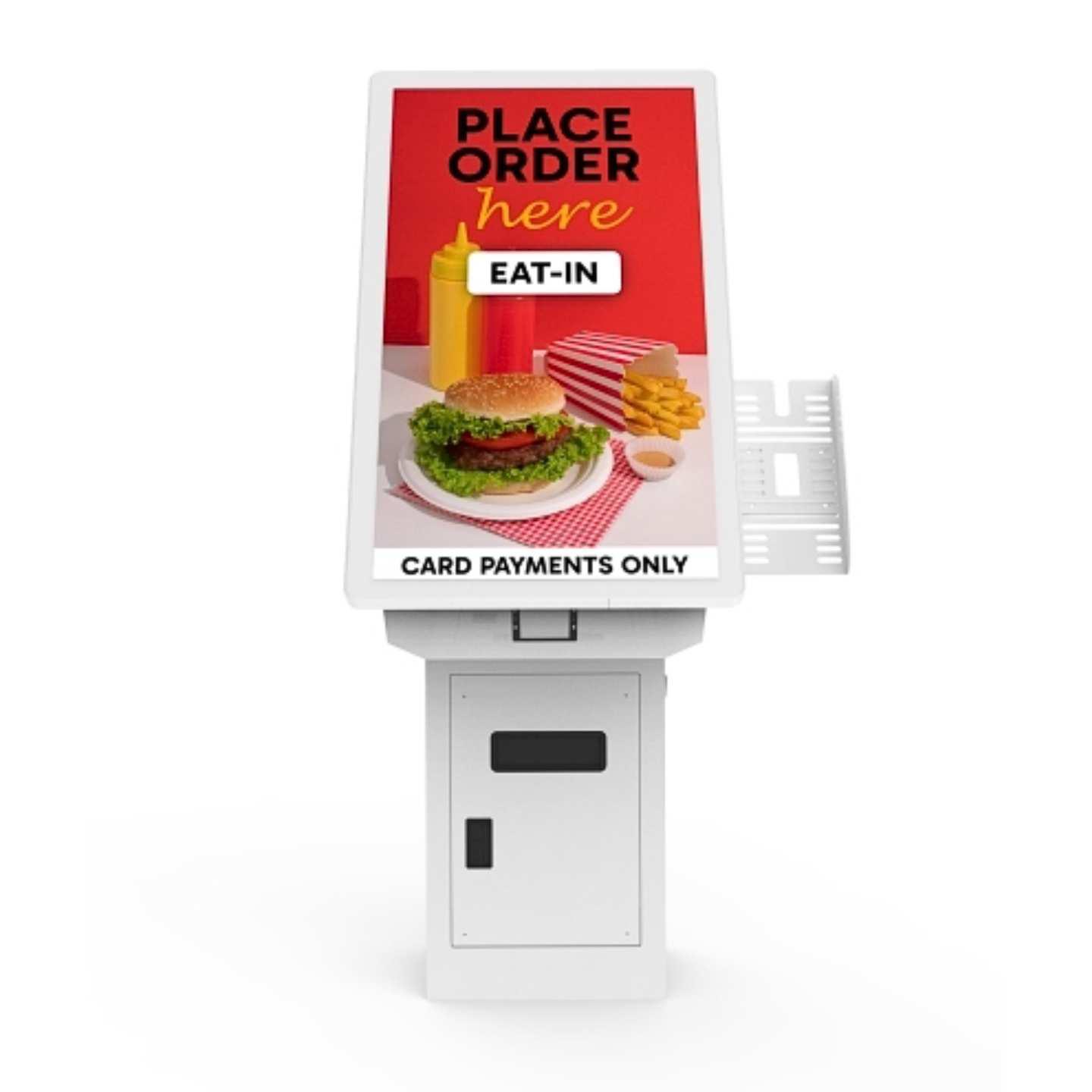 A front facing 22 inch digital touch screen self service kiosk in white.