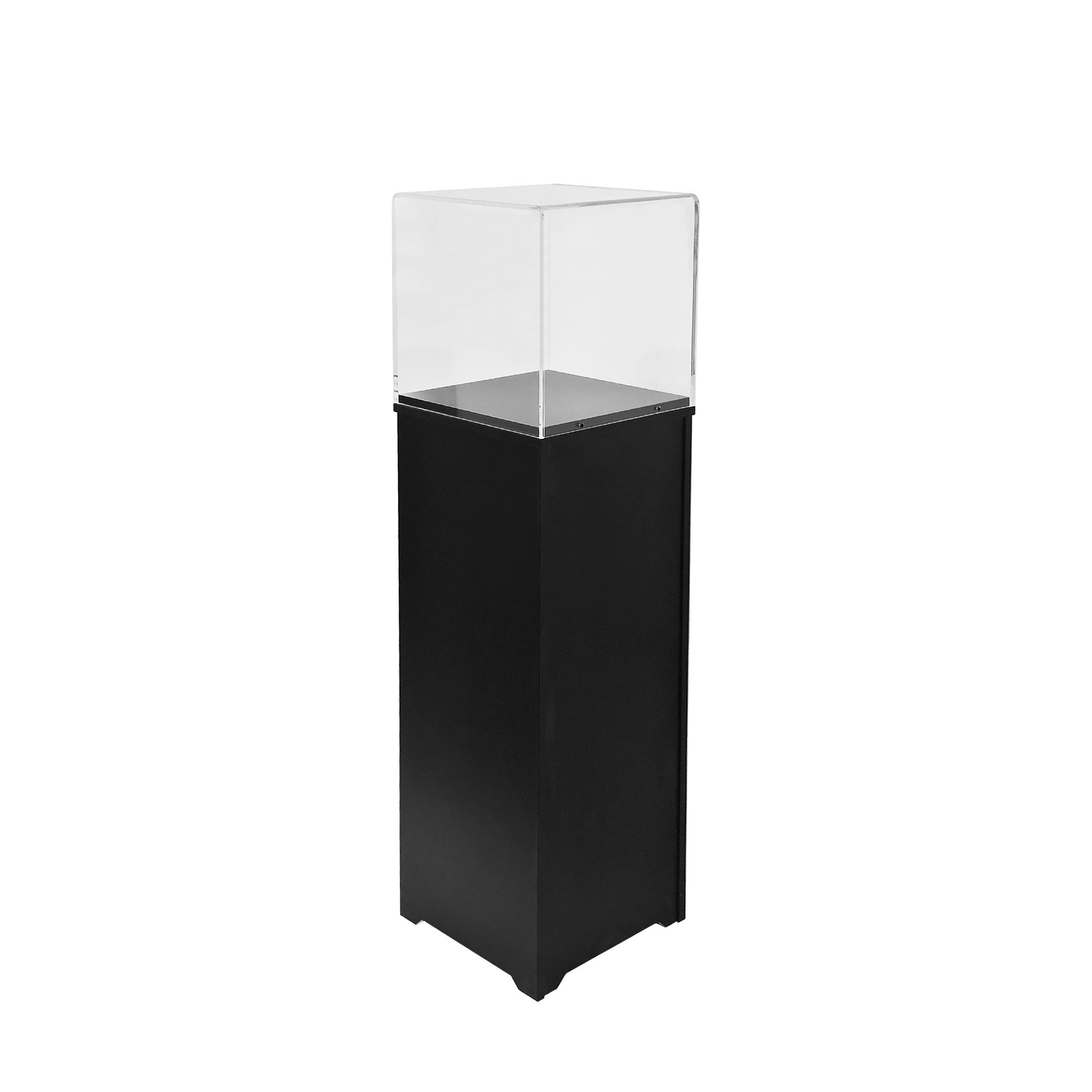 Black museum display case plinth with lockable clear acrylic top, perfect for displaying valuable artefacts and collectibles securely.
