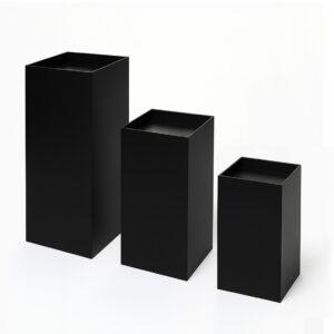 Set of three black gloss acrylic plinths with high sides, ideal for retail or event displays, shown in varying heights on a white studio background.