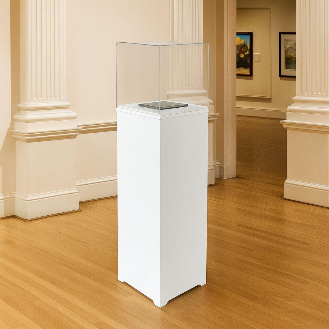 White museum display plinth with a clear acrylic display case showcased in an elegant gallery setting with wooden floors and framed artwork in the background.