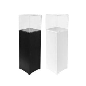 Black and white museum display case plinths side by side, featuring clear acrylic display cases on MDF bases for professional exhibition use.