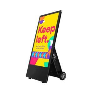 A black outdoor high brightness digital A-board with wheels.