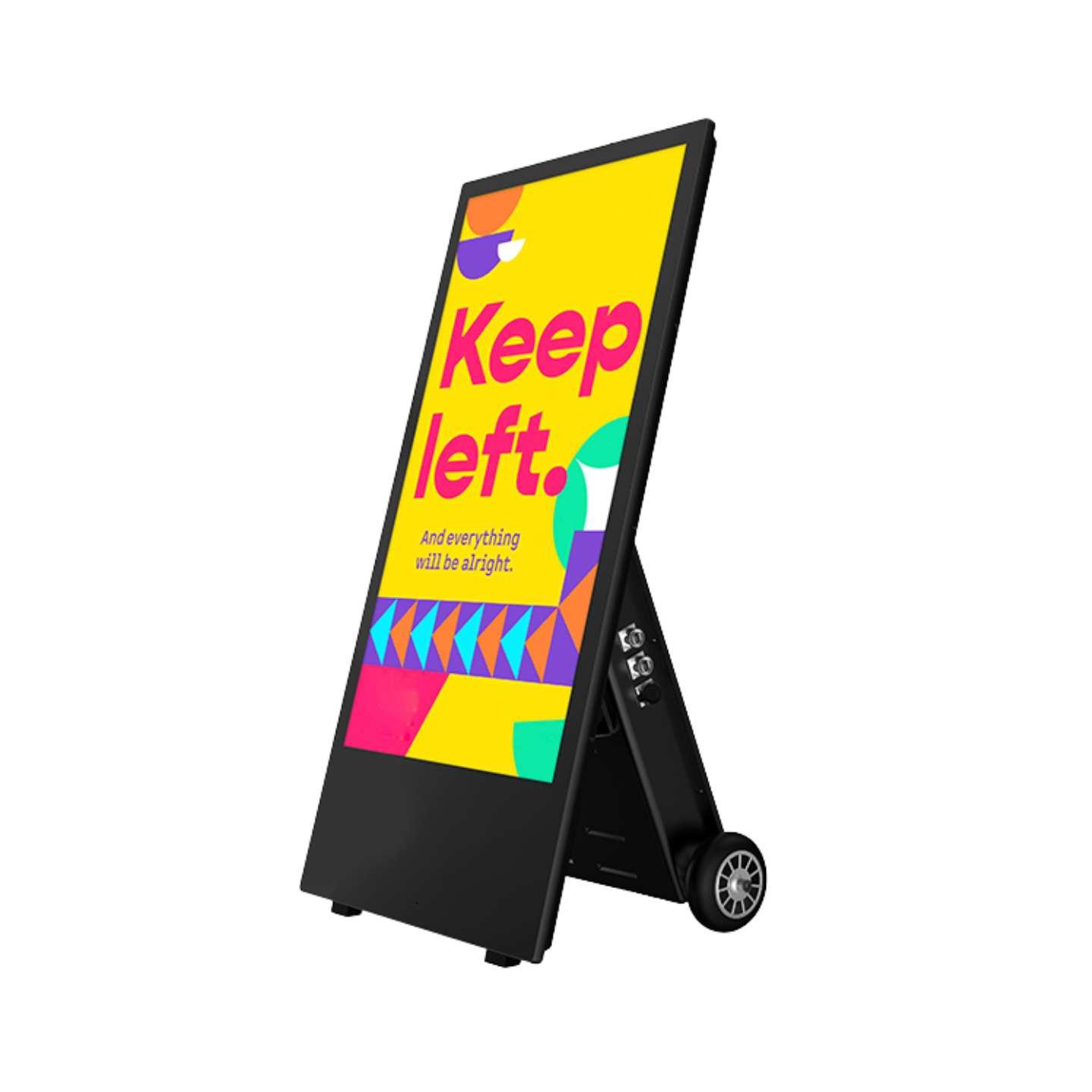 A black outdoor high brightness digital A-board with wheels.