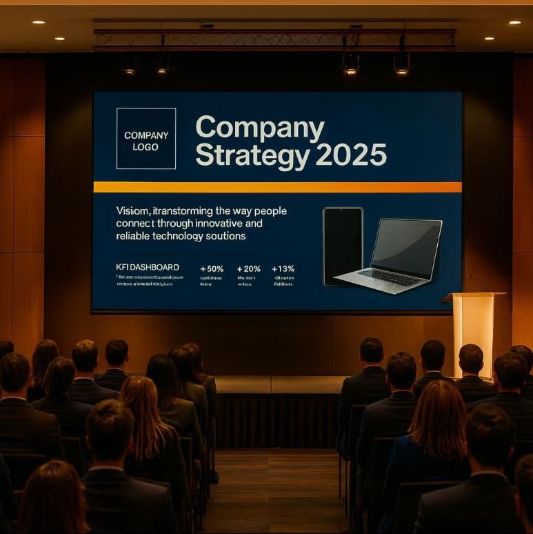 A large LED screen in a lecture hall for a company conference, with people sat facing towards the screen.