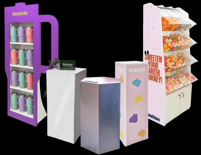 A pick and mix, POS unit and three plinths stood side by side.