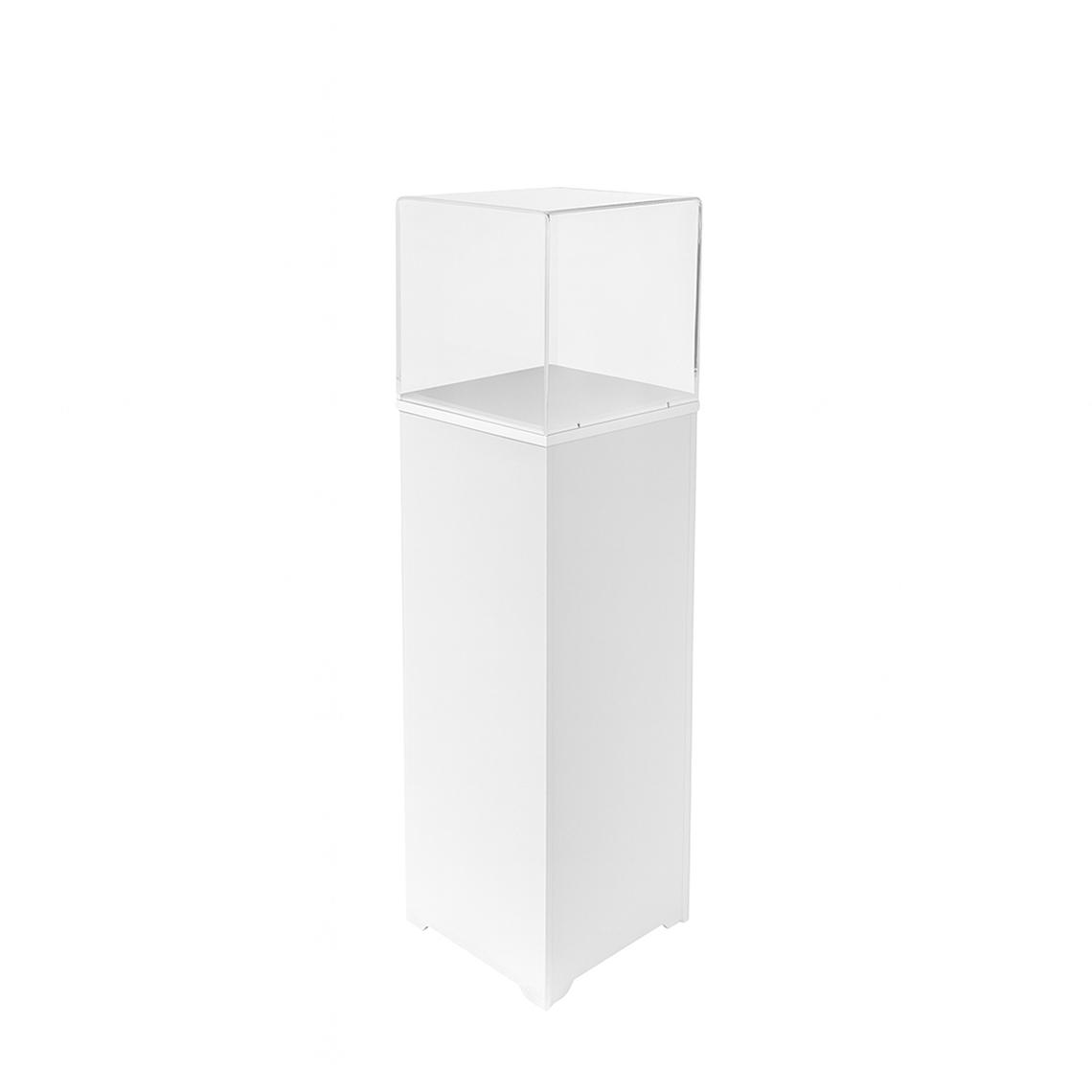 White museum display case plinth with clear acrylic display cover, ideal for showcasing artefacts, jewellery, or artwork in galleries and exhibitions.