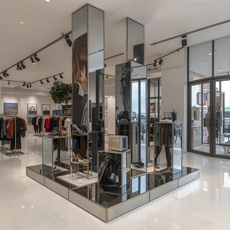 A mirrored plinth retail display with products on display in a clothes shop.