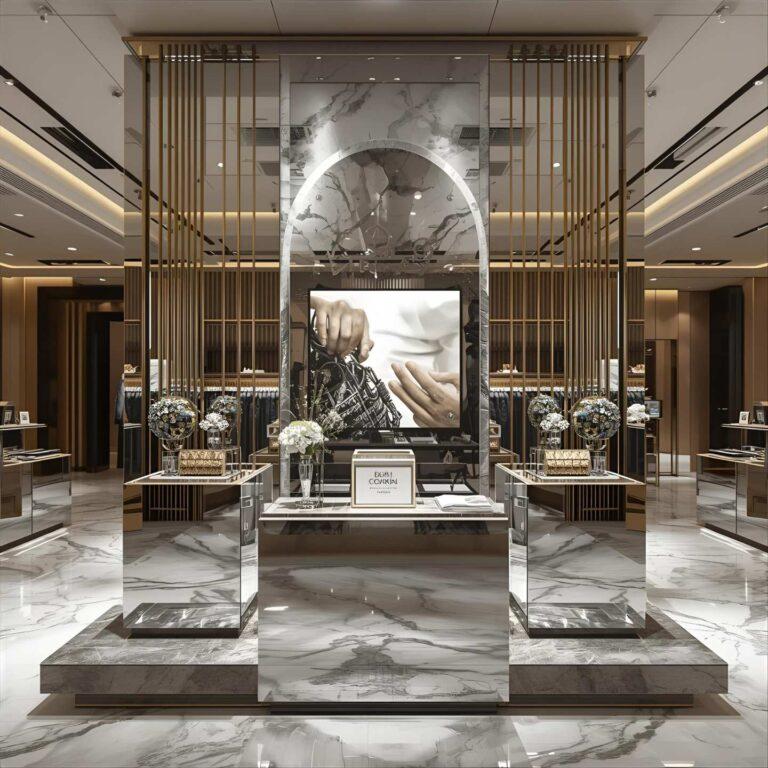 A luxurious retail display with mirrored plinths.