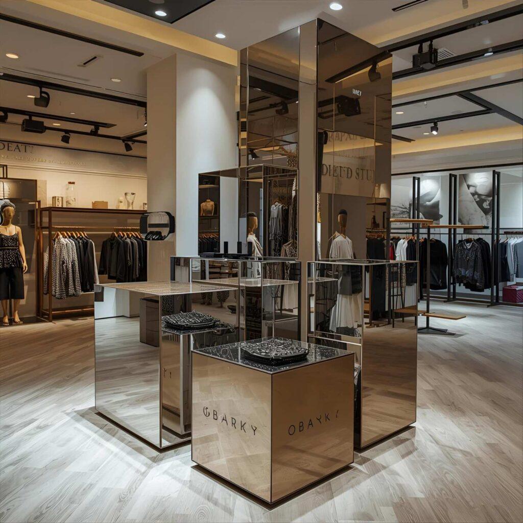 A retail display with mirrored plinths in a clothes shop.