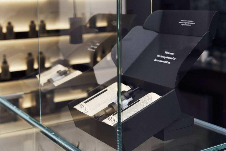 A close up of a glass display case with products inside.