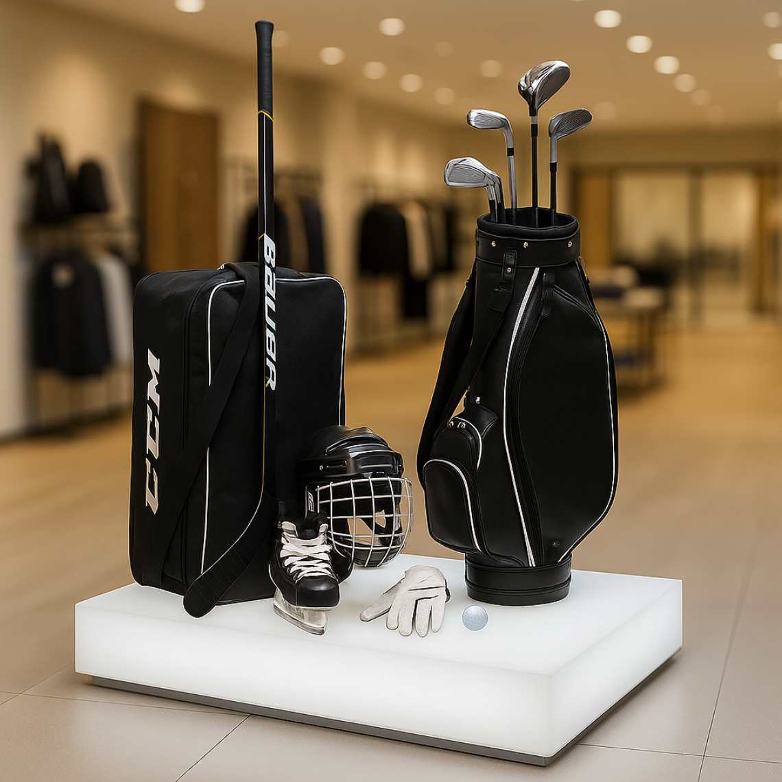 Some hockey and other sports accessories on an illuminated retail plinth.