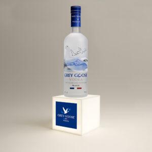 An illuminated bottle plinth with grey goose vodka branding on the box and a grey goose vodka bottle sitting on top.