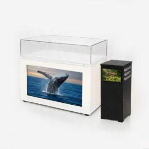 Large white display plinth with acrylic showcase and digital screen, displayed beside a smaller black museum plinth featuring printed graphics. Ideal for exhibitions, museums, galleries and retail displays.