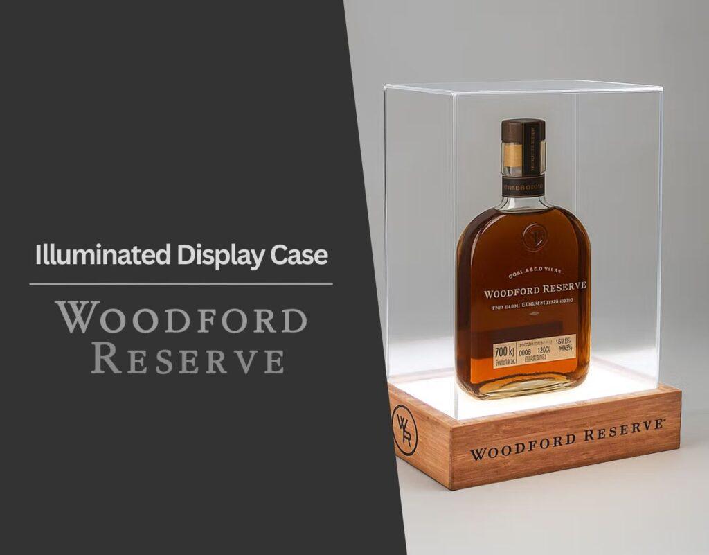 Illuminated Bottle Display Case with bamboo base and bespoke branding.