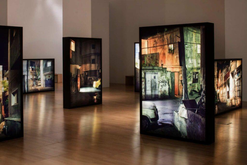 An exhibition of floorstanding lightboxes.