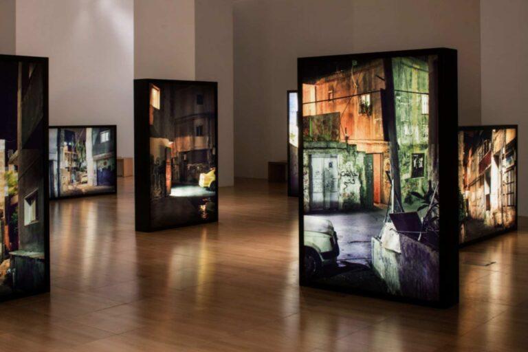 An exhibition of floorstanding lightboxes.