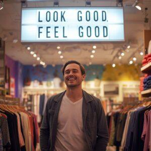A man walking around a clothes shop smiling, with a ceiling hanging lightbox above him reading "look good, feel good".