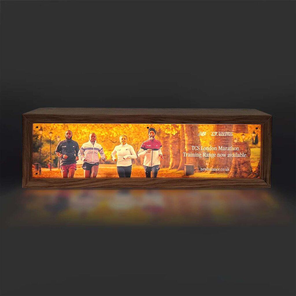 A custom wooden new balance lightbox.